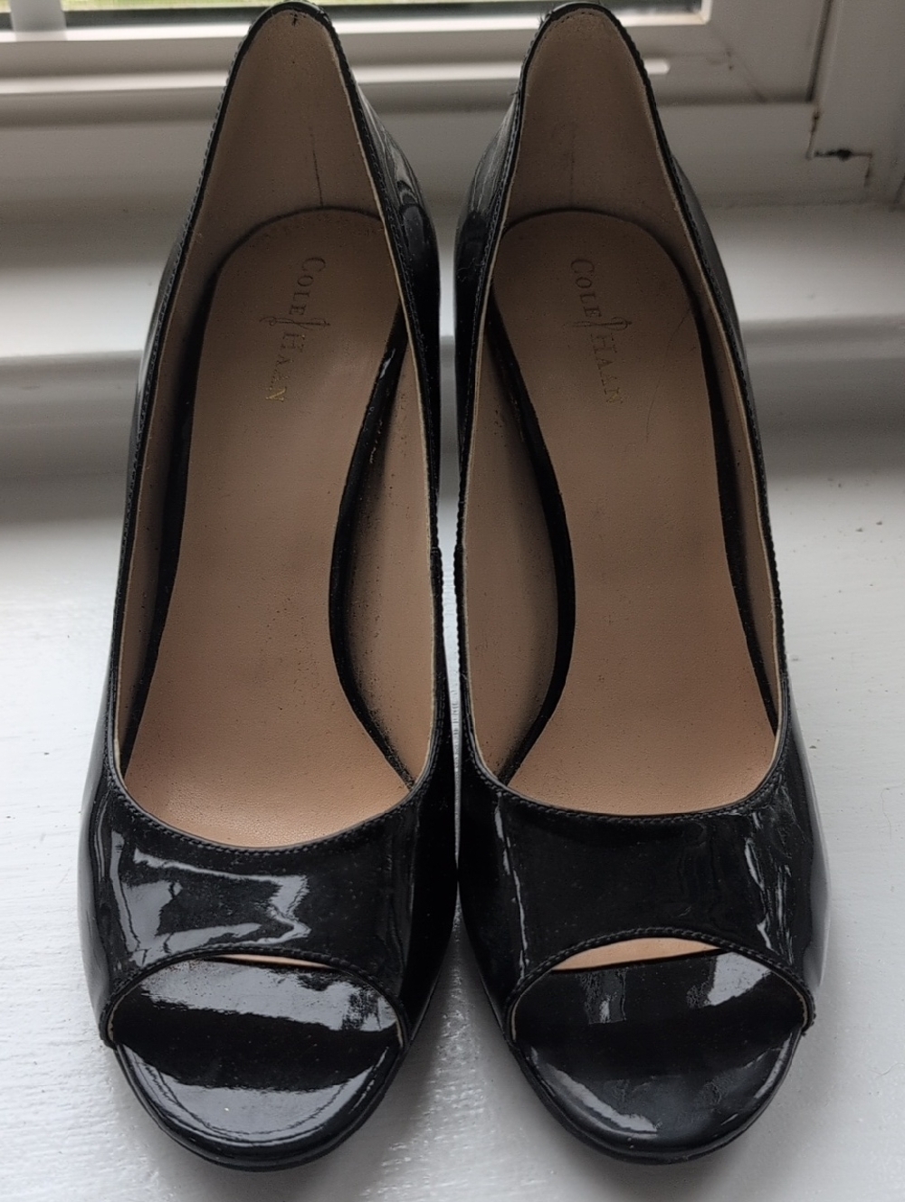 Cole Haan Black Patent Peep-Toe Heels